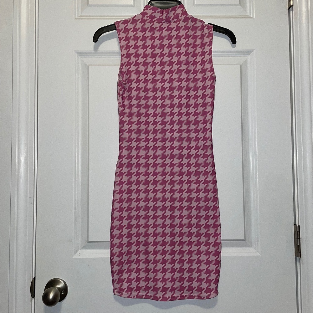 Black Milk Clothing High Neck Toastie Dress Pink houndstooth pattern Size XS